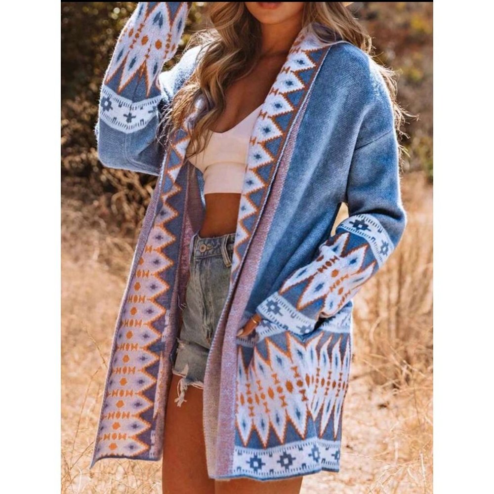 New Geo Pattern Drop Shoulder Open Front Cardigan… - image 4